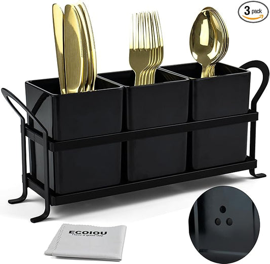 Cutlery Holder with Drain Holes, Dishwasher Safe Silverware Caddy for Party, Kitchen Counter, 3pcs Bins Set Countertop Utensil Holder for Spoons, Forks and Knives, Black