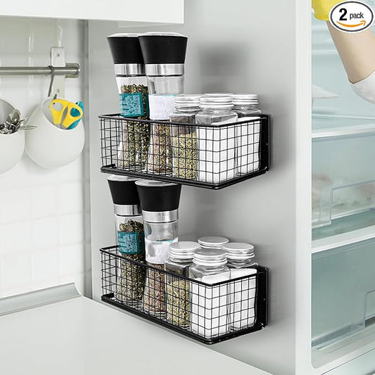 2 Pack Magnetic Basket for Fridge Magnetic Fridge Shelf Versatile Metal Organizer Storage Bin Moveable Strong Magnetic Spice Rack Organizer for Home Kitchen Office Refrigerator Holds