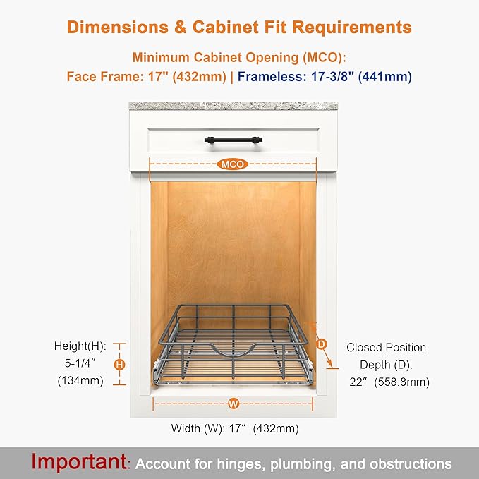 ALINE FURNITURE Pull Out Cabinet Organizer - 17" W x 22" D Soft Close Pullout Shelves for Kitchen Cabinets - Slide Out Drawers, Heavy Duty Steel Wire