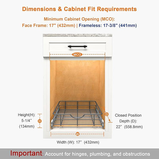ALINE FURNITURE Pull Out Cabinet Organizer - 17" W x 22" D Soft Close Pullout Shelves for Kitchen Cabinets - Slide Out Drawers, Heavy Duty Steel Wire