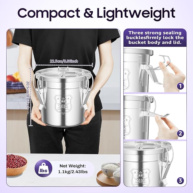 Stainless Steel Airtight Canister for Kitchen, Canisters Container with Lids, Three-buckle Sealing, Airtight Food Storage Container, for Home Hotels and Canteens for Rice, Flour, Grain, Coffee Bean