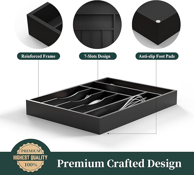 Bamboo Silverware Organizer, Kitchen Drawer Organizer, Utensil Holder, Cutlery Tray & Spoon Flatware Storage with Grooved Drawer Dividers ((7 Slots, Black)
