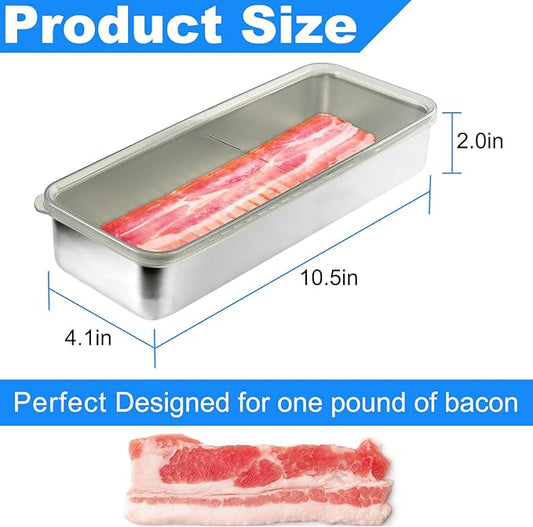 Bacon Container for Refrigerator - 304 Stainless Steel Fridge Storage, Fresh Keeper for Deli Meat, Airtight With Lids, Dishwasher Safe