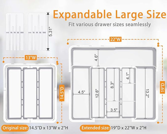 Homecor Kitchen Utensil Drawer Organizer, Large 22"x 19" Expandable Silverware Organizer with Removable Knife Block, Utensil Holder and Cutlery Tray, Kitchen Spatula Tools and Gadgets Storage, White