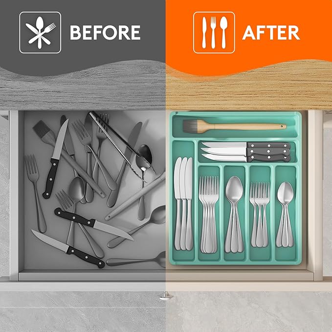 Lifewit Silverware Drawer Organizer Tray, Plastic Cutlery Storage for Kitchen Drawer, Flatware and Utensil Holder Divider for Spoons Forks Knives Tableware, 7 Compartment, Turquoise