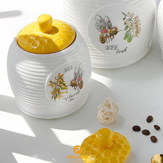 Kitchen Storage Canisters Honey Bee & Flower Pattern Ceramic Tea Coffee Sugar Storage Canister Jar with Airtight Lid for Home Modern Kitchen, 300ml/10oz, Small
