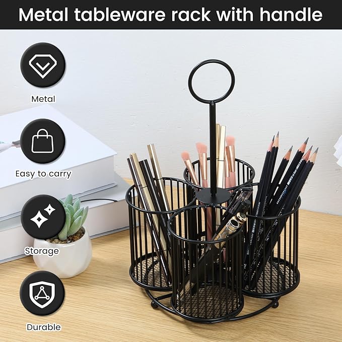 360° Rotating Countertop Utensil Caddy - 4-Compartment Metal Cutlery Holder with Handle - Multipurpose for Kitchen, Picnic, Camping, Office - 6.3x6.3x11 In- Black
