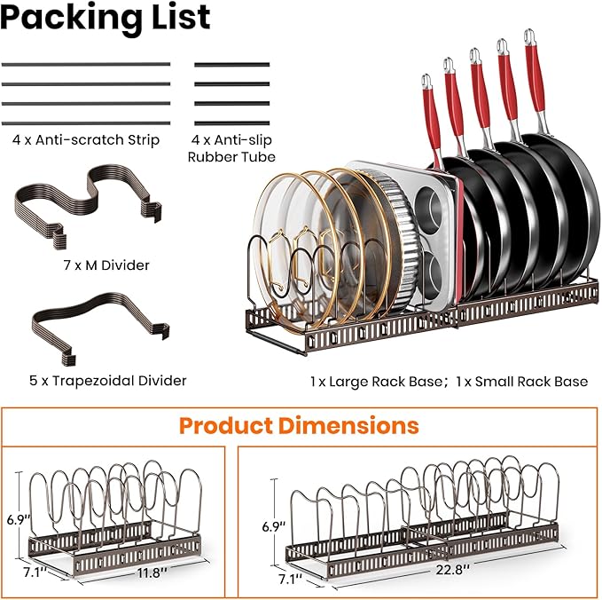 MUDEELA Pots and Pans Organizer under Cabinet, Expandable Pan Organizers inside Cabinet with 12 Adjustable Dividers, Kitchen Cabinet Organizers and Storage for Cutting Board, Cast-iron Pan