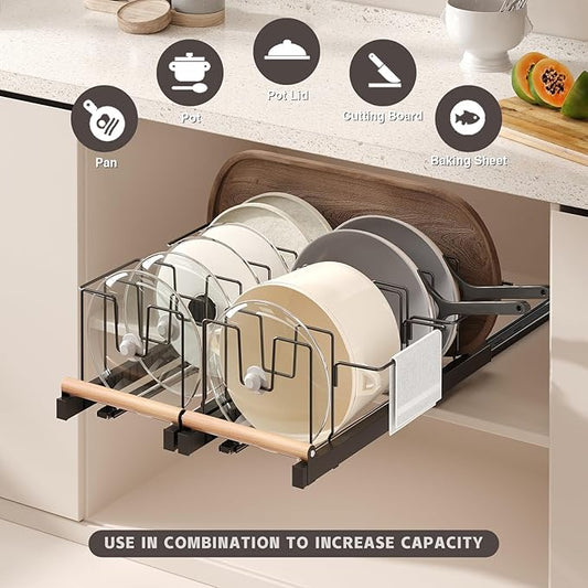 2 Pack Pull Out Pots and Pans Organizer Under Cabinet, 22" Deep Expandable Pot Lid Organizer and Storage with 10 Adjustable Dividers Adhesive Pot and Pan Holder Rack with Handle Bracket(Black)