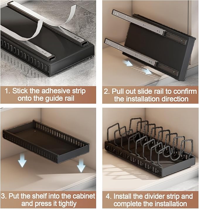 Pots and Pans Organizer Under Cabinet, Sliding Pot Lid Holder and Pan Rack in Kitchen, Pull out Pot and Pan Organizer, for Pot Lid, Bakeware, Dishes, Pots and Pans Storage