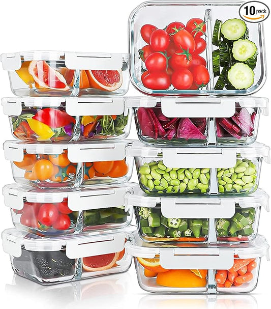 10 Packs 30oz Glass Meal Prep Containers 2 Compartments,Glass Food Storage Containers with Lids,Airtight Lunch Bento Boxes,Oven,Freezer and Dishwasher Safe, White