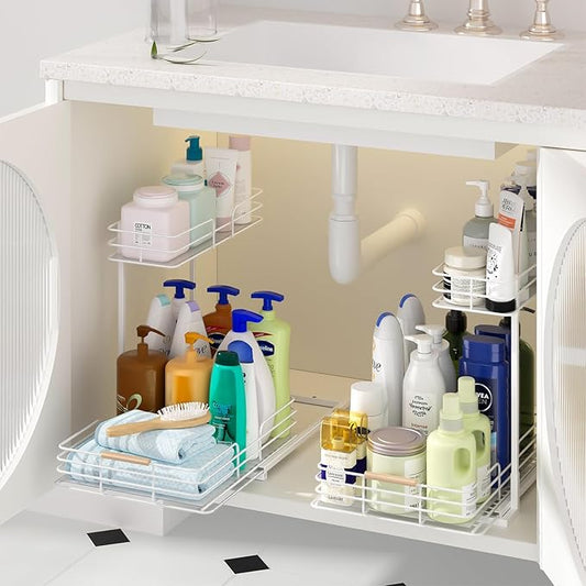 LAMU 2Pack Under Sink Organizers and Storage, 2 Tier Bathroom Kitchen Cabinet Organizers and Storage, Pull Out Under Sink Storage Kitchen Shelf Organizer for Under Counter Storage Organizer, White