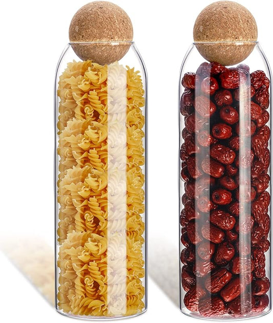 2 Piece Cork Glass Jars with Cork Lid Storage Jar Container with Ball Round Bottles Canisters with Airtight Seal Wooden Lid(1300 ML)