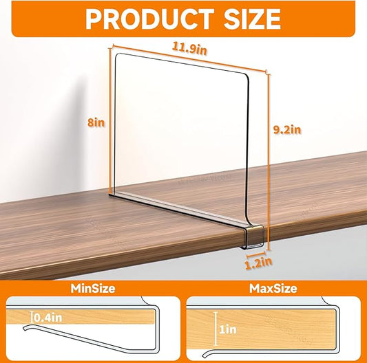 Yieach 6 Pack Clear Acrylic Shelf Divider for Closet Organization - 9.2″ Tall Closet Dividers for Wood Shelves,Cupboard,Vertical Shelf Separators in Closet for T-Shirt,Purse,Handbag,Sweater Organizer