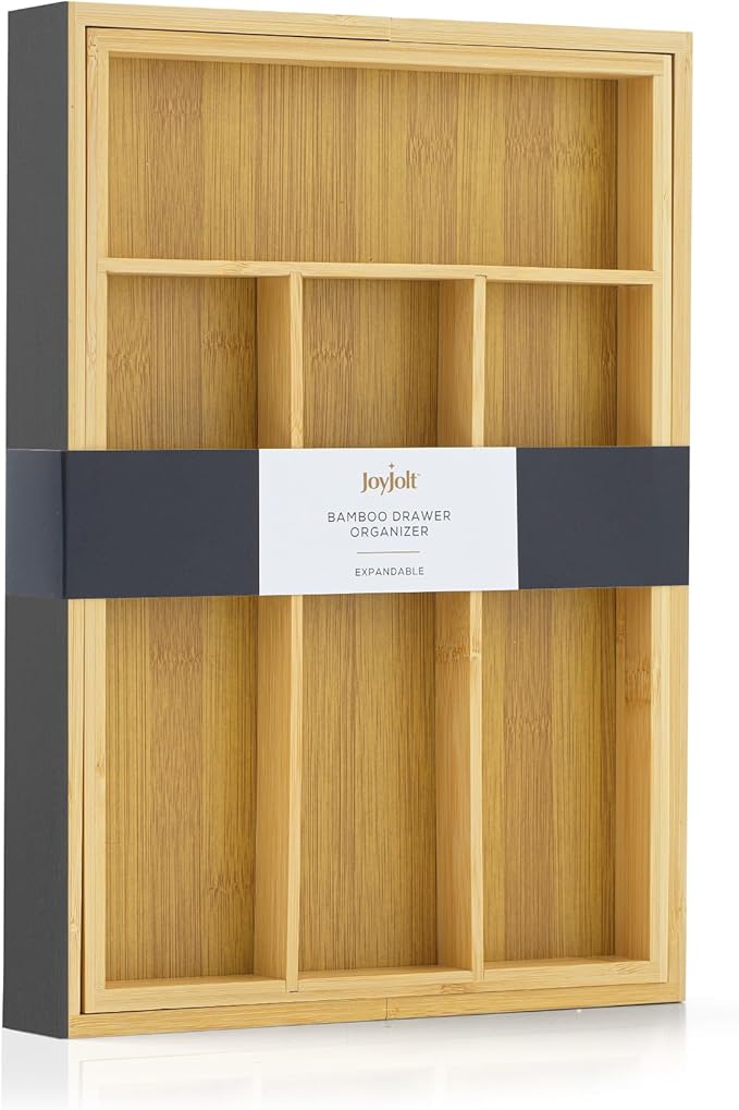 JoyJolt Bamboo Expandable Drawer Organizer for Kitchen Utensils, Adjustable Cutlery Tray, Bamboo Drawer Dividers Organizer for Silverware, Flatware, Knives in Kitchen, Bedroom (4-6 Slots)