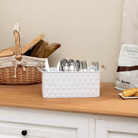 NIKKY HOME Farmhouse White Silverware Organizer with 3 Compartments Cutlery Caddy Kitchen Countertop Flatware Holder for Utensil, Spoons, Knives, Forks, Rhombic Embossed Pattern