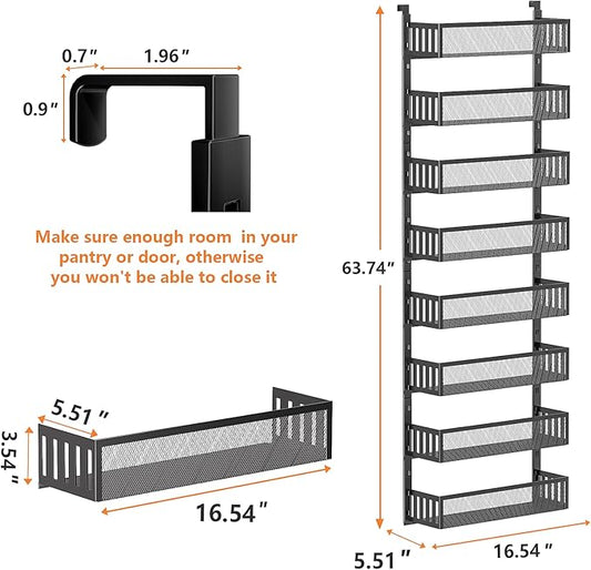 8-Tier Over The Door Pantry Organizer with Mesh Baskets, Adjustable & Stable Hanging Spice Rack for Kitchen, Bathroom, Bedroom, and Baby Essentials Storage (16" W 8-Tiers, Black)