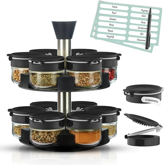 Black Rotating Spice Rack With Jars, Spinning Spice Rack For Countertop - Revolving Tower Organizer for Kitchen Seasonings - Kitchen Carousel Storage, Stainless Steel, 12 Jars