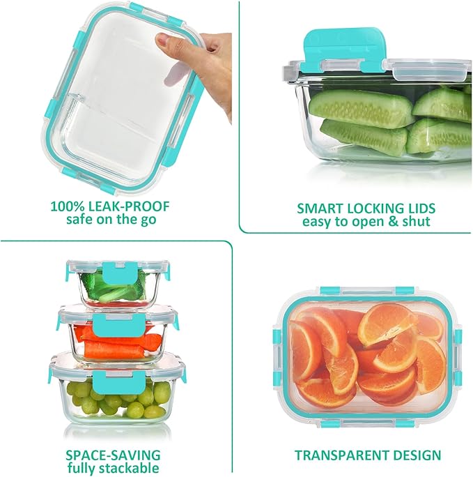 24 Pieces Glass Food Storage Containers Set,Glass Meal Prep Containers-Stackable Airtight Glass Storage Containers with lids,Freezer, Microwave, Oven Safe,Green