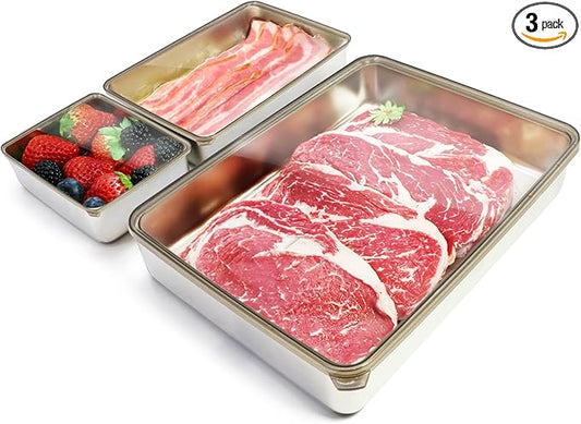 stainless steel containers with lids stainless steel food containers refrigerator organizers and storage:3 PCS deli meat container for fridge，bacon storage container for fridge