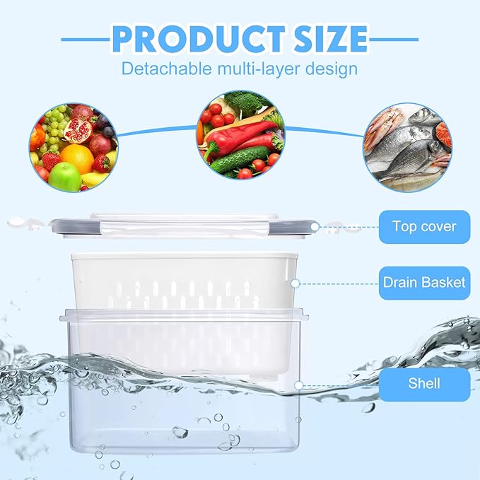 6 Pcs Fruit Storage Containers for Fridge, Food Storage Containers Berry Produce Fridge Organizer with Removable Colander Keep Fruits, Vegetable, Veggie, Meat Fresh Longer(Medium, Small)
