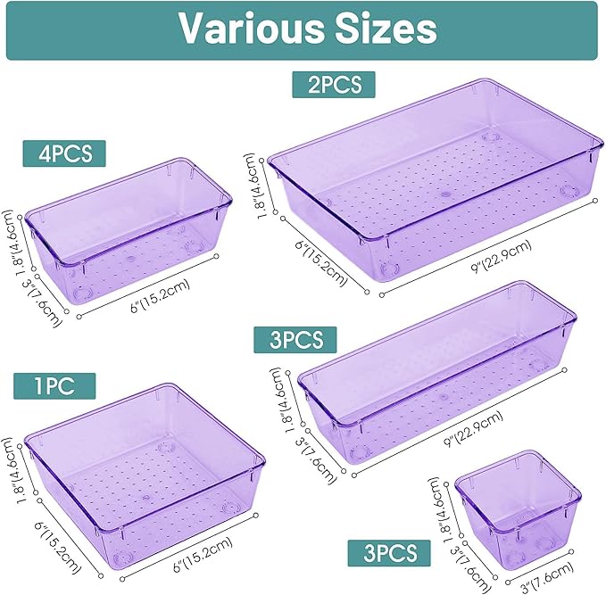 WOWBOX 13 PCS Plastic Drawer Organizer Set, Desk Drawer Divider Organizers and Storage Bins for Makeup, Jewelry, Gadgets for Kitchen, Bedroom, Bathroom, Office, Purple