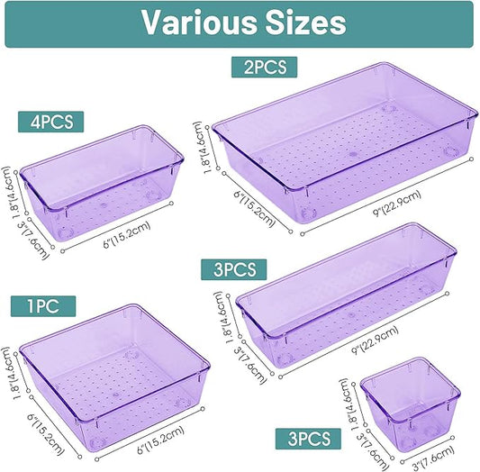 WOWBOX 13 PCS Plastic Drawer Organizer Set, Desk Drawer Divider Organizers and Storage Bins for Makeup, Jewelry, Gadgets for Kitchen, Bedroom, Bathroom, Office, Purple