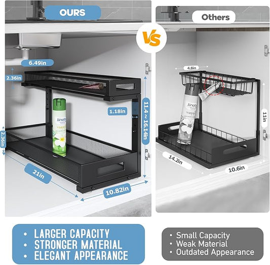 2 Pack 20.47IN Depth Under Sink Storage Organizer, Large 2-Tier Elegant Mesh Pull Out Shelf for Kitchen and Bathroom Cabinet Organization, L-Shaped and Adjustable Height Design-Black