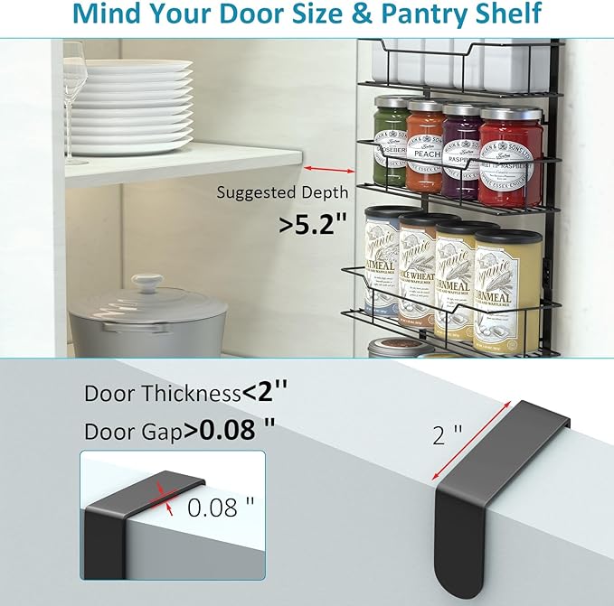 Over the Door Pantry Organizer, 8-Tier Pantry Door Organizers and Storage, Hanging Kitchen Spice Rack Organizer for Pantry Door, Easy Install, Behind Door Kitchen Storage Rack, Black