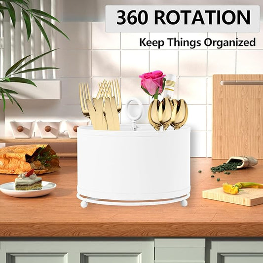 360°Rotating Silverware Caddy,4 Compartment Silverware Holder Countertop ,Outdoor Silverware Organizer for Picnic Camping Party Metal Utensil Flatware holder with Handle -White