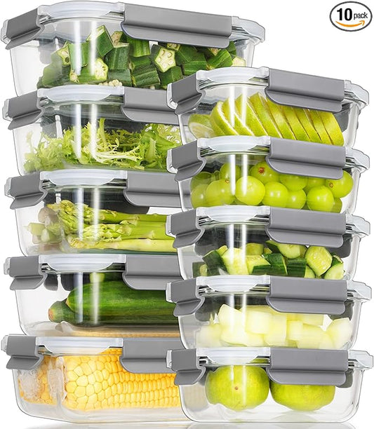 10 Pack Glass Meal Prep Containers, Glass Food Storage Containers with Lids Airtight, Glass Storage Container Set with Lid for Food, Bpa-free, Leak-proof, Microwave Oven Freezer Dishwasher Safe