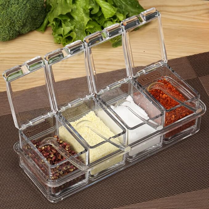Seasoning Box, Seasoning Rack Spice Pots, Storage Container Condiment Jars, 4 Piece Clear Acrylic Cruet with Cover and Spoon Transparent