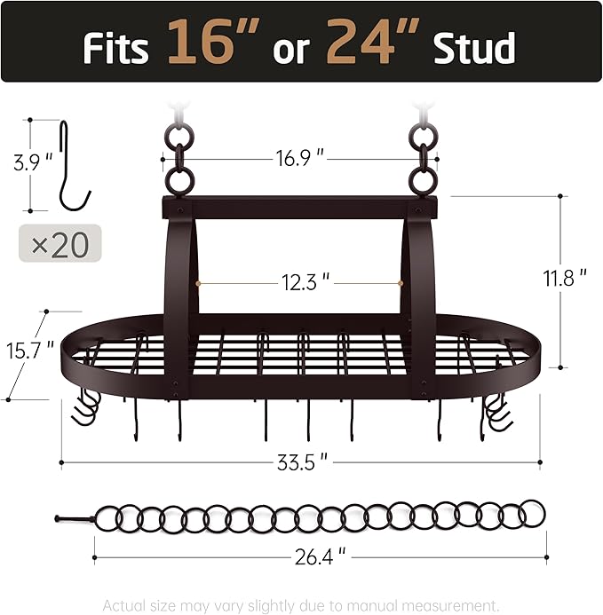 KES 34 Inch Oiled Bronze Hanging Pot Rack, Heavy Duty Oval Pot and Pan Hanging Rack Ceiling Mount, Pot Pan Hangers for Kitchen with 20 Hooks, (For 16" and 24" Stud Mount), KUR221S85-OB