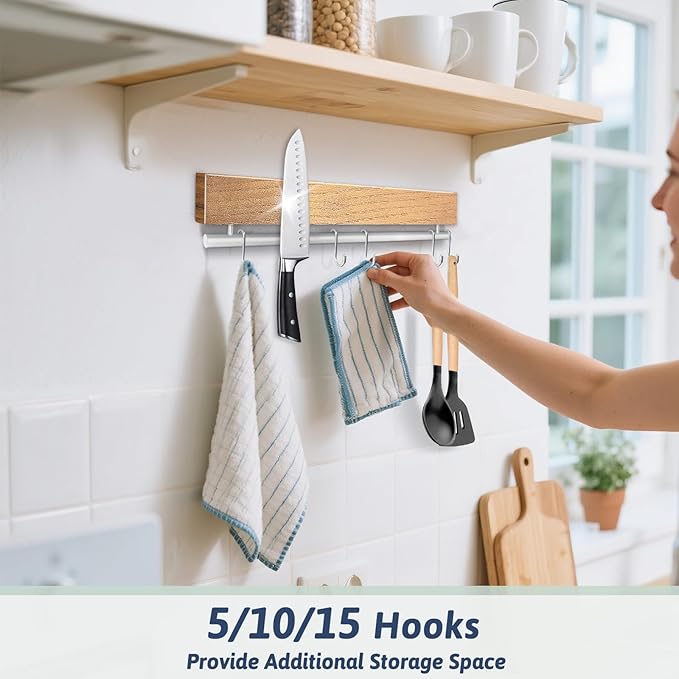 12 Inch Magnetic Knife Holder for Wall - Pailexin Wooden Magnet Knife Strip No Drill with 5 Hooks/Adhesive Tape/Screws, Kitchen Utensil Holder, Magnetic Knife Organizer, Wall Mounted Knife Storage
