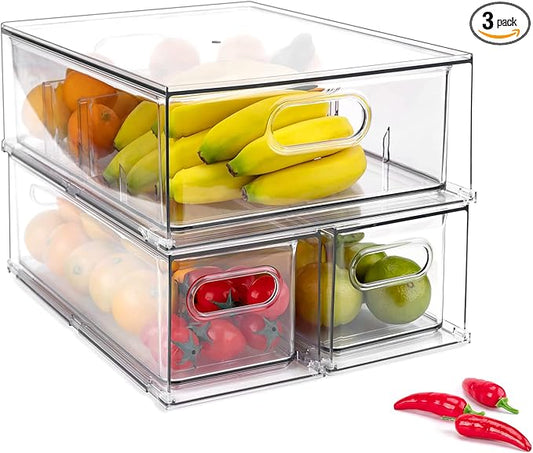 3 Pack Refrigerator Organizer Bins with Pull-out Drawer, Stackable Fridge Drawer Organizer Set with Handle, Clear Plastic Food Storage Containers for Freezer, Cabinet, Kitchen, Pantry