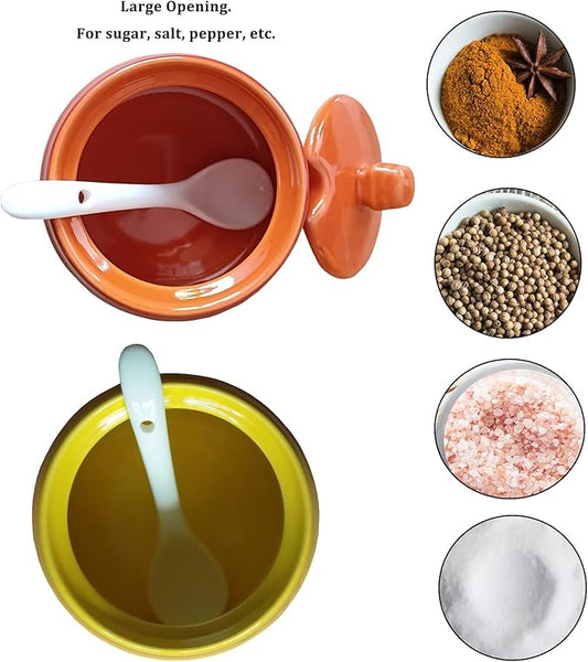 2pcs Salt Cellar Set, Ceramic Salt Cellar With Lid & Spoon,Sugar Bowl,Salt and Pepper Shaker Set Spice Jars for Kitchen Storage(Orange Yellow)