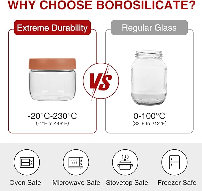 10oz Borosilicate Glass Jars with Lids - Freezer to Oven Safe(-4°F to 446°F), Airtight Meal Prep Containers for Overnight Oats, Snacks, Coffee, Microwave & Dishwasher Safe (6pack)