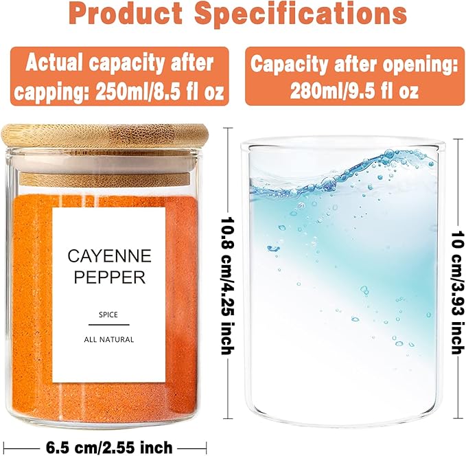 12 Pcs Glass Spice Jars with Bamboo Airtight Lids and 191 Labels - 8.5oz Small Food Storage Containers for Kitchen, Seasoning, Coffee, Herb - Spoon and Marker Included
