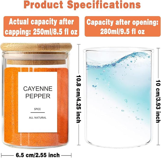 12 Pcs Glass Spice Jars with Bamboo Airtight Lids and 191 Labels - 8.5oz Small Food Storage Containers for Kitchen, Seasoning, Coffee, Herb - Spoon and Marker Included