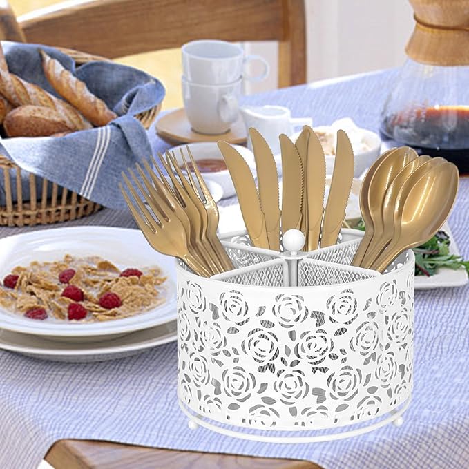 360° Rotating Metal Silverware Caddy - 4 Compartment Utensil Cutlery Holder Fork Spoon Napkin Organizer Flatware Storage Basket Party Countertop Buffet Picnic Camping Outdoor (White)