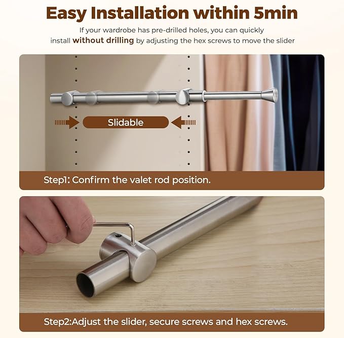 12" Pull-Out Valet Rod for Closet Organization, Add Extra Hanging Space 304 Stainless Steel Closet Rods, Space-Saving Design for Small Closets,Silver