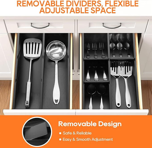 Bamboo Silverware Drawer Organizer, Removable Dividers Kitchen Utensil Drawer Organizer for Different Dimension Flatware, Spoons, Forks, Knives (Black, 5 Slots)