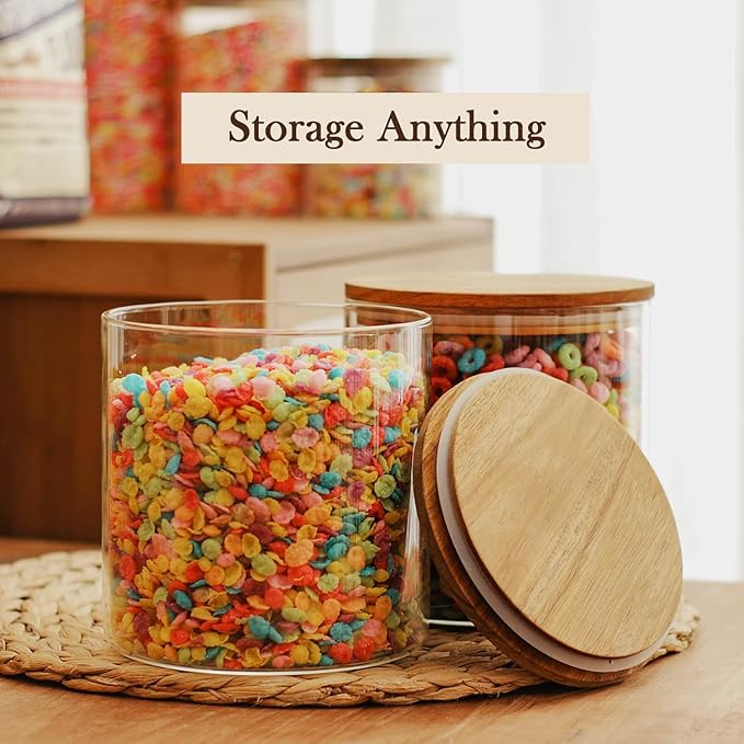Labina Glass Storage Container Airtight Food Jars Kitchen Canister with Wood Lids, 71 Oz Wide Mouth Pantry Organization Glass Jar for Flour, Sugar, Cookie, Spagetti, Nuts and Candy (2 Pack)