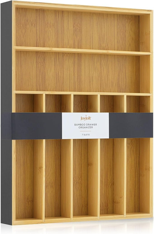 JoyJolt Bamboo Drawer Organizer, 7-Compartment Silverware Organizer, Cutlery and Utensil Organizer, Drawer Organizers for Garage, Kitchen, and Bathroom, Organizer Drawers for Kitchen Utensils