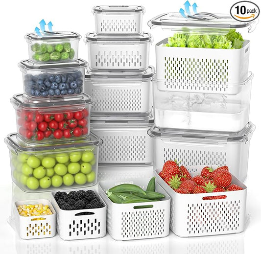 10Pack Fruit Storage Containers for Fridge - Berry Containers with Vent and Handle Lids, Fruit Containers for Fridge with Colander, lettuce keeper for Refrigerator Organizers and Storage
