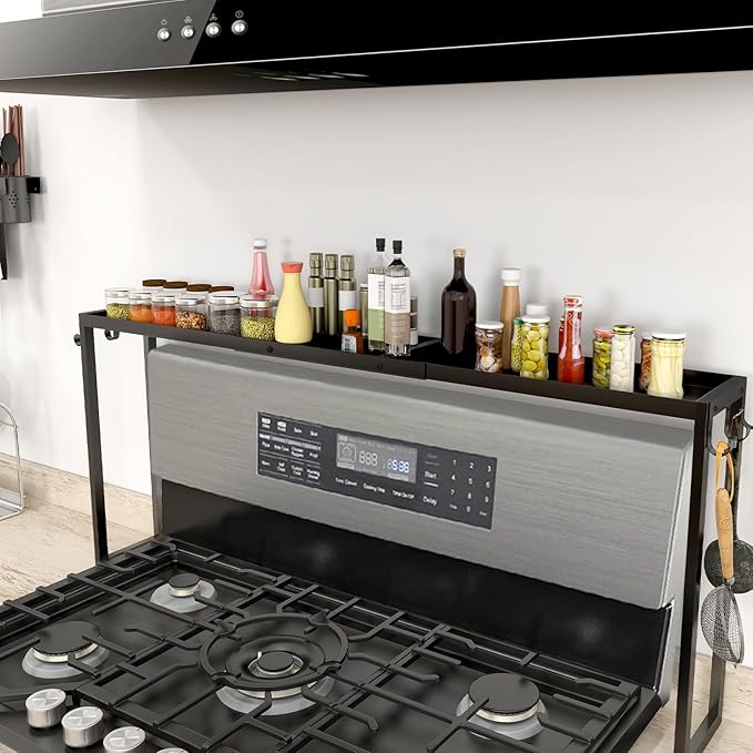 Over the Stove Shelf, 31.5" Stove Top Shelf Spice Rack, Kitchen Countertop Organizer with 6 Hooks, Seasoning Organizer, Black