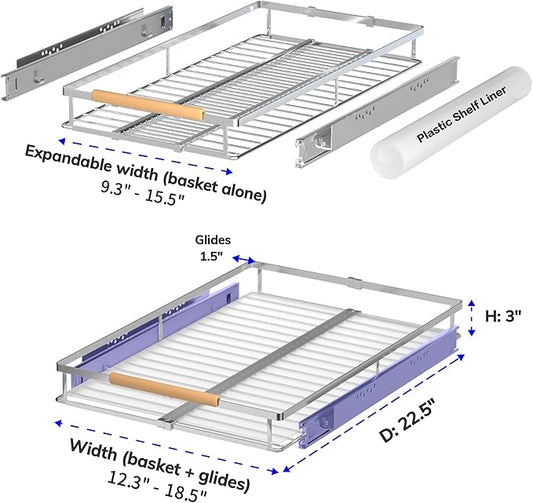 Pull Out Drawer Cabinet Organizer, Expandable Slide Out Storage Shelves - Heavy Duty, Durable and Smooth Slide-Out, 1 Pack, S: Cabinet Width: 12.3"~18.5" * Depth: 22.5"