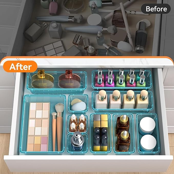 WOWBOX 32 PCS Plastic Drawer Organizer Set, 4 Sizes Desk Drawer Organization and Storage Containers for Makeup, Cosmetics, Jewelry and Gadgets in Kitchen, Bathroom, Bedroom, Office, Clear Sea Blue