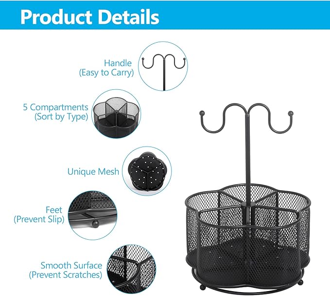 JSVER 360° Rotating Utensil Caddy 5 Compartment Silverware Cutlery Caddy Holder, Metal Tableware Organizer Countertop with Handle, Fork Spoon Flatware Storage for Office Party Picnic Kitchen, Black