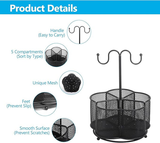 JSVER 360° Rotating Utensil Caddy 5 Compartment Silverware Cutlery Caddy Holder, Metal Tableware Organizer Countertop with Handle, Fork Spoon Flatware Storage for Office Party Picnic Kitchen, Black